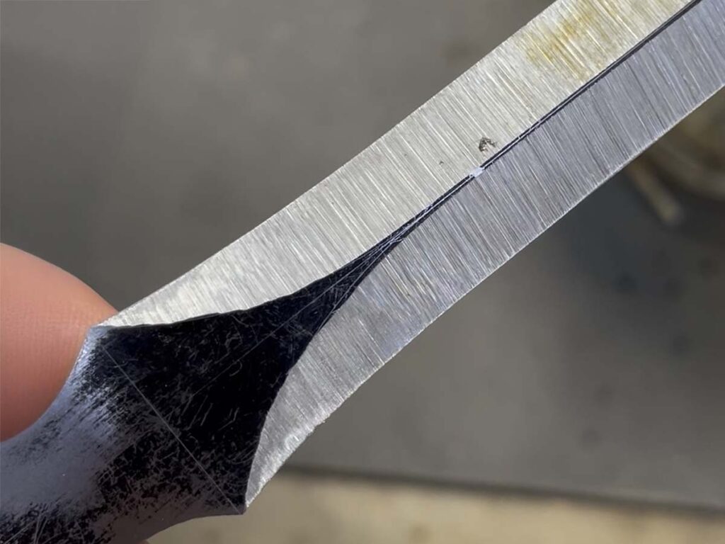 Grinding the Plunges. Gradual, sweeping plunges are much more appealing to the eye than straight ones. Draw them in and grind to the drawing. This is more easily done on a wheel than with a flat platen but can be accomplished either way.