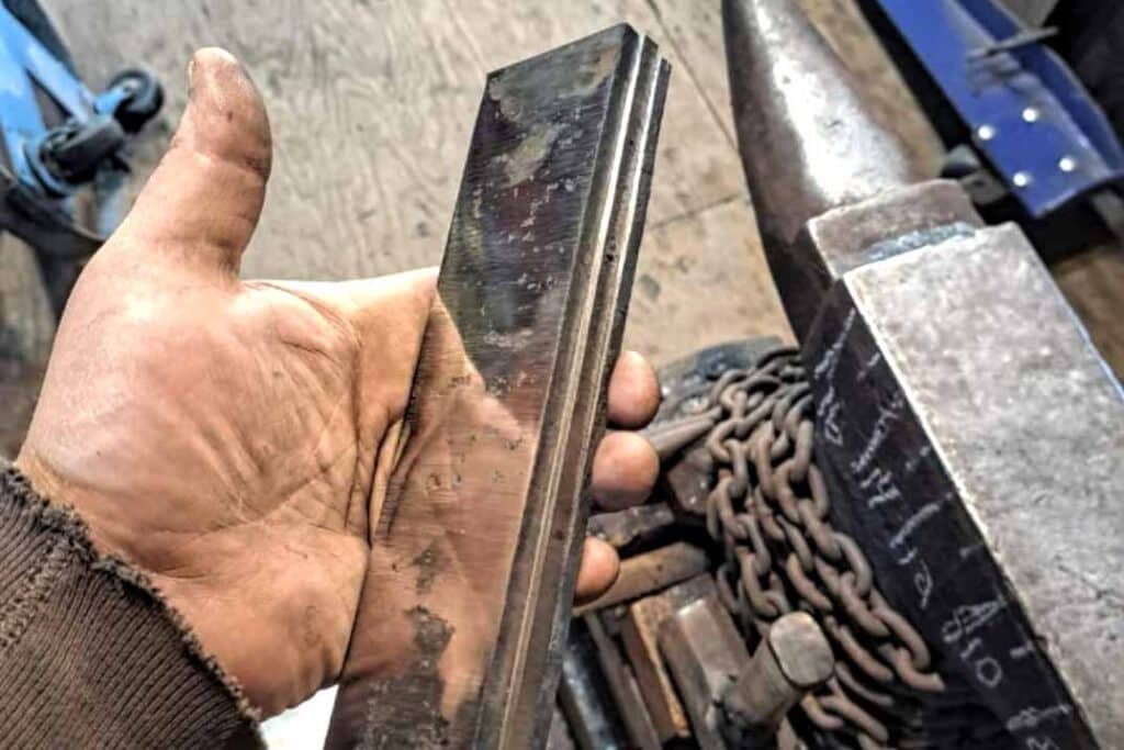 Robert Wayman welded these five pieces of steel together to make the go-mai damascus blade of his chef’s knife.