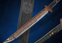 According to Coy Baker of Baker Knife & Tool, “We make carbon steel damascus patterns with copper, and they’ve been hot. We expect them to stay hot through 2025.” Marfione Customs and JB Blades employ Baker’s steel on the blade of this electrifying traditional Japanese tanto. (Images courtesy of Baker Knife & Tool)