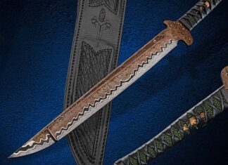 According to Coy Baker of Baker Knife & Tool, “We make carbon steel damascus patterns with copper, and they’ve been hot. We expect them to stay hot through 2025.” Marfione Customs and JB Blades employ Baker’s steel on the blade of this electrifying traditional Japanese tanto. (Images courtesy of Baker Knife & Tool)