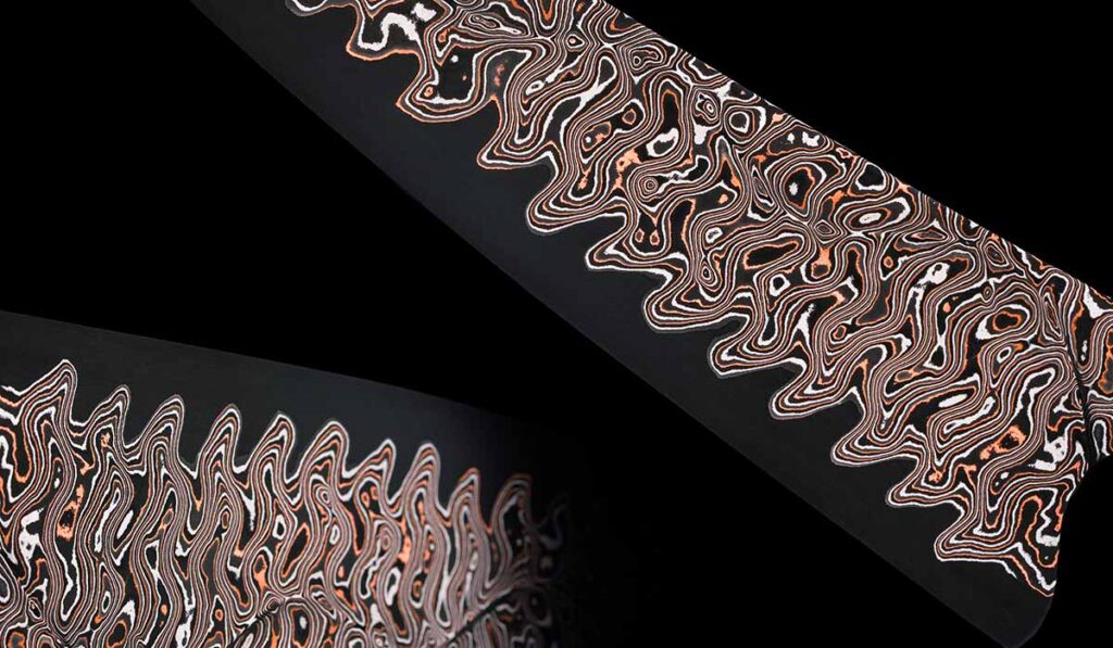 Baker Forge & Tool damascus patterns are the copper and bronze laminates.