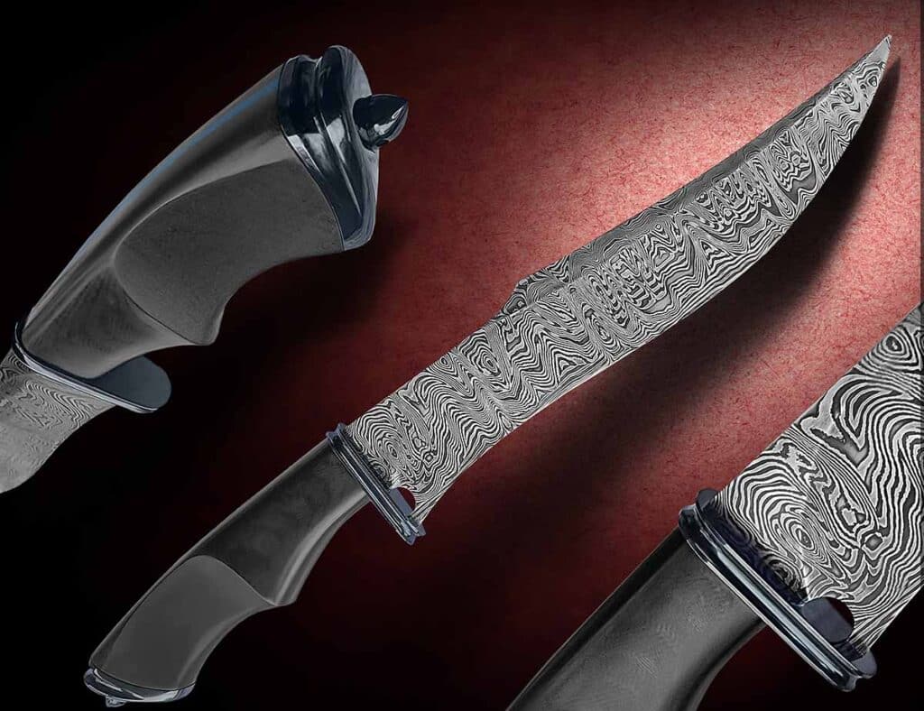 Chris McPherson forged the 10.5-inch damascus blade of his fighter from 1075 carbon and 15N20 nickel alloy steels. Though he’d heard that 1075 may have a bit less contrast due to its lower manganese levels, the damascus exhibited beautiful contrast after a deeper etch. (Jocelyn Frasier image)