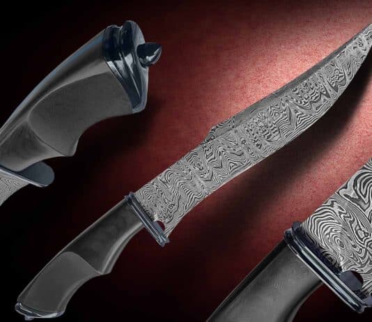 Chris McPherson forged the 10.5-inch damascus blade of his fighter from 1075 carbon and 15N20 nickel alloy steels. Though he’d heard that 1075 may have a bit less contrast due to its lower manganese levels, the damascus exhibited beautiful contrast after a deeper etch. (Jocelyn Frasier image)
