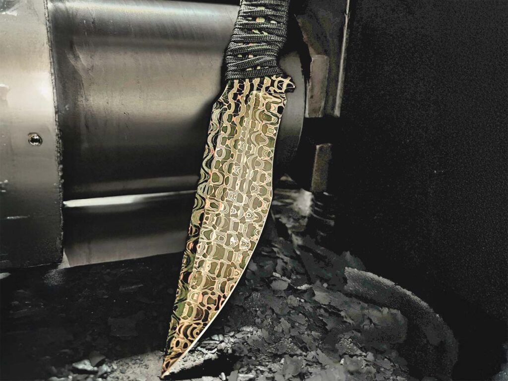 Vegas Forge has always been innovative and 2025 will be no exception. “We’ve figured out how to do copper in with the damascus pattern manipulation, not just as a line between san-mai,” Jesse Harber noted. (Vegasforge.com image)