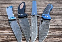 Four leading factory damascus folders, from left: Spartan Blades Harsey 3.25, Pro-Tech Knives Cambria 2, A.G. Russell Knives Slim Damascus Folder and Lionsteel Twain.
