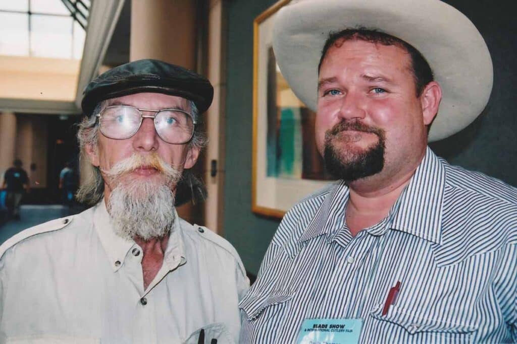 Daryl Meier (left) and BLADE Magazine Cutlery Hall-of-Fame® member Devin “Hoss” Thomas (right)—captured here at a past BLADE Show—comprise what is arguably the most dynamic duo of damascus makers in modern custom knife history.