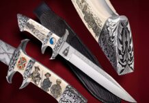 In addition to the handle’s D-Day battle scene and unit members of the 116th Regiment’s covering almost three centuries of service, the subhilt fighter by Edmund Davidsonalso is embellished with the 29th Division’s “Ever Forward” Crest, Arrow Head and Crossed Muskets.