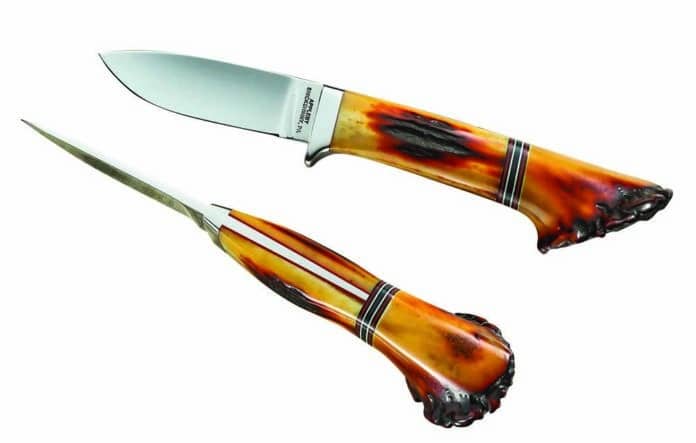 Dropped Hunter 3 Robert Appleby used red, black, white, and dark blue fiber spacers for the Sambar stag handle of his Loveless repro.