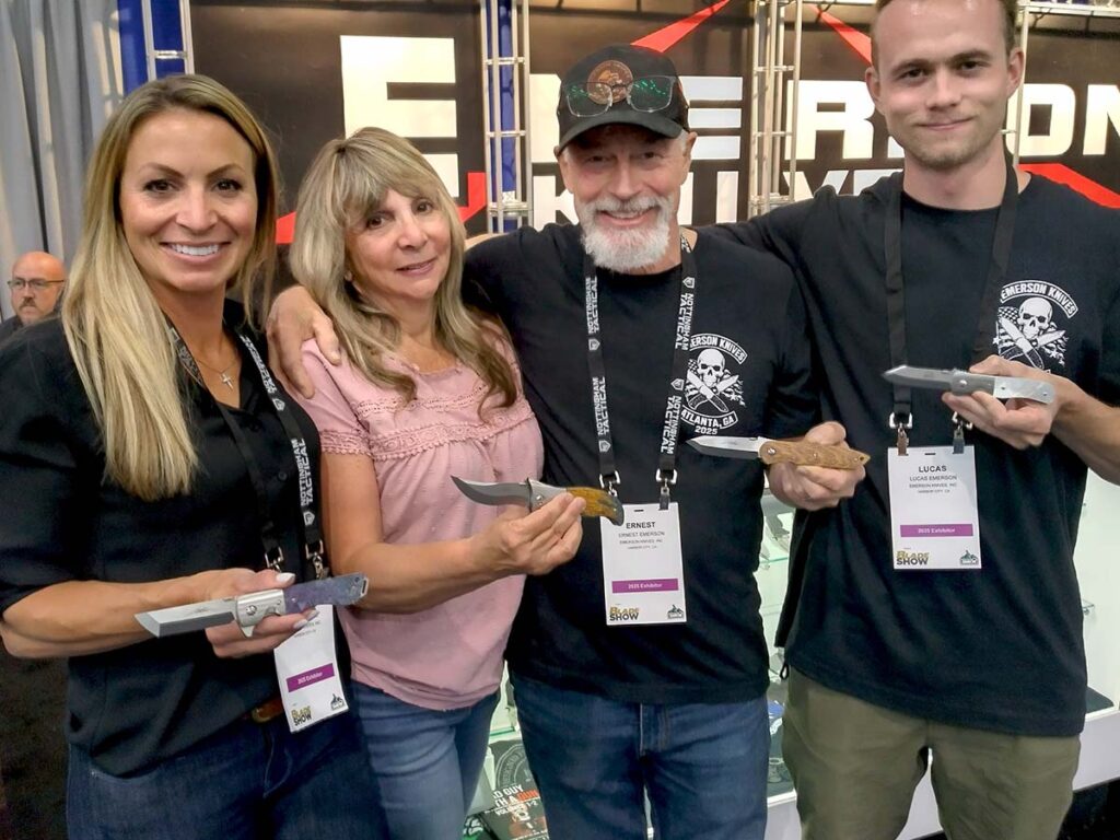 (From left) Megan, Mary, Ernest and Lucas hold their knives at BLADE Show 2025. Megan, Mary, Lucas and Rachael all had their knives debut at the show. Rachael was unable to attend due to a special family event. (BLADE® image)
