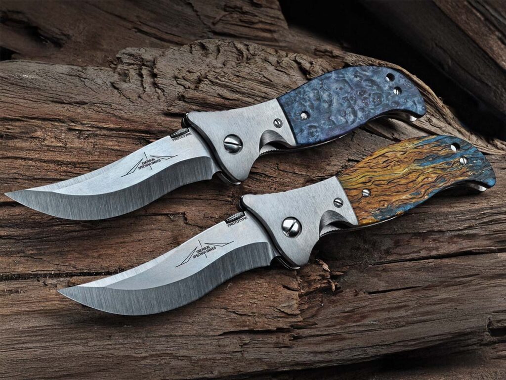 Mary’s partiality to curved and recurved blades is reflected in her two designs, the Denali and the Falcon, the latter here in two handle iterations. “Grinding the blade was the hardest part,” she noted. “Getting one side ground the way I wanted it still left the other side to match up.” During one grinding session, she considered halting the project—but only for a moment. “Ernie kept coming in and checking my grind lines. I told him to get out,” she smiled, “and I locked the grinding room door!”
