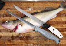 Fillet knives the author put to the test were (left) the Smith’s Flex Fillet Knife and the Bear & Son Smooth White Bone Professional Fillet Knife. Both pieces of cutlery had 7-inch blades.