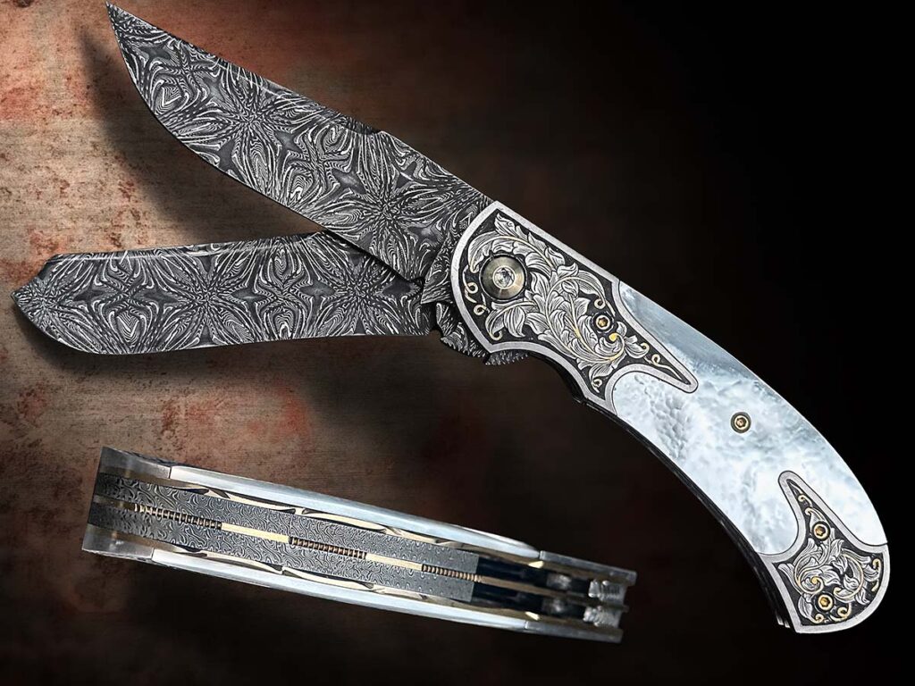 Fortunately for knife enthusiasts, most quality damascus knives are free of flaws, such as Eliot Maldonado’s saddlehorn trapper in Blackbird damascus by Chris Zimmerman. (Jocelyn Frasier image)
