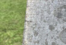 A light etching in ferric chloride verified the presence of welding flaws in this damascus blade.