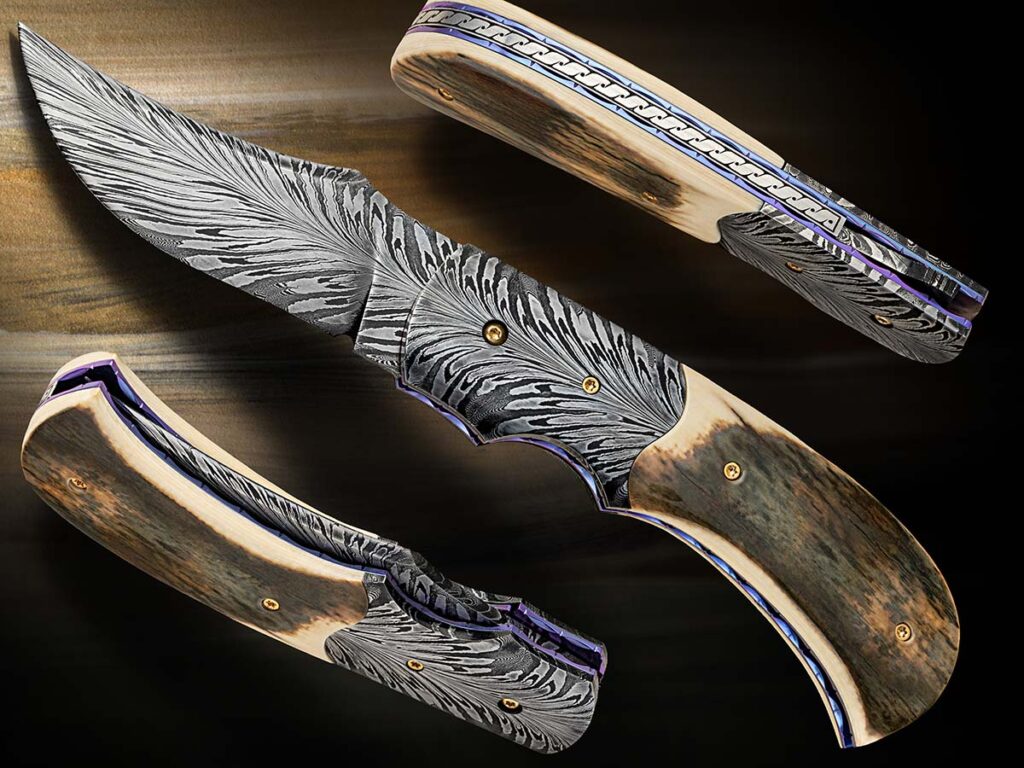 Scott Gallagher says he’s seen an upswing in the interest in flippers in recent years. It makes sense with works like his feather damascus flipper. The feather pattern defines both blade and bolster, and is complemented by a fossilized mammoth ivory handle. (Jocelyn Frasier image)