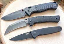 Three fresh assisted openers that are fun to fidget with, from top: Benchmade PSK, Kershaw Dawnstar and SOG Twitch III. The author rates them all excellent knives in terms of usefulness.