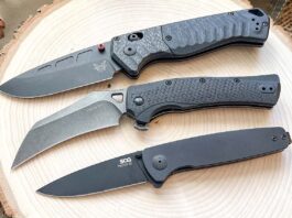 Three fresh assisted openers that are fun to fidget with, from top: Benchmade PSK, Kershaw Dawnstar and SOG Twitch III. The author rates them all excellent knives in terms of usefulness.