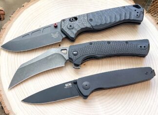Three fresh assisted openers that are fun to fidget with, from top: Benchmade PSK, Kershaw Dawnstar and SOG Twitch III. The author rates them all excellent knives in terms of usefulness.