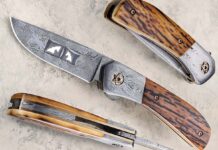 Lloyd Custom Knives’ Osprey is a flipper folder featuring a 3.5-inch hollow-ground blade of "Coat of Arms" Damascus. This 7.5-inch masterpiece utilizes a titanium frame, intricate mosaic Damascus bolsters, and premium mammoth ivory handle scales. (SharpByCoop image)
