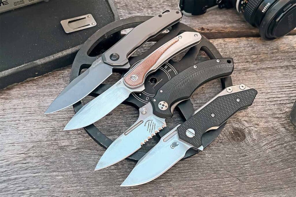 From top: Kershaw Helitack, CRKT Padawan, Bastinelli BBR2 and Hinderer Knives Halftrack.