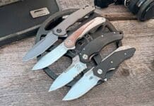 From top: Kershaw Helitack, CRKT Padawan, Bastinelli BBR2 and Hinderer Knives Halftrack.