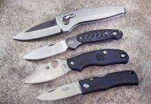 There’s a gent’s knife for any taste and need in this crew, from top: SOG One-Zero Auto, GiantMouse Ace Farley V2, Spyderco Metropolitan Lightweight and Fallkniven U2vi Virgo.