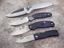 There’s a gent’s knife for any taste and need in this crew, from top: SOG One-Zero Auto, GiantMouse Ace Farley V2, Spyderco Metropolitan Lightweight and Fallkniven U2vi Virgo.