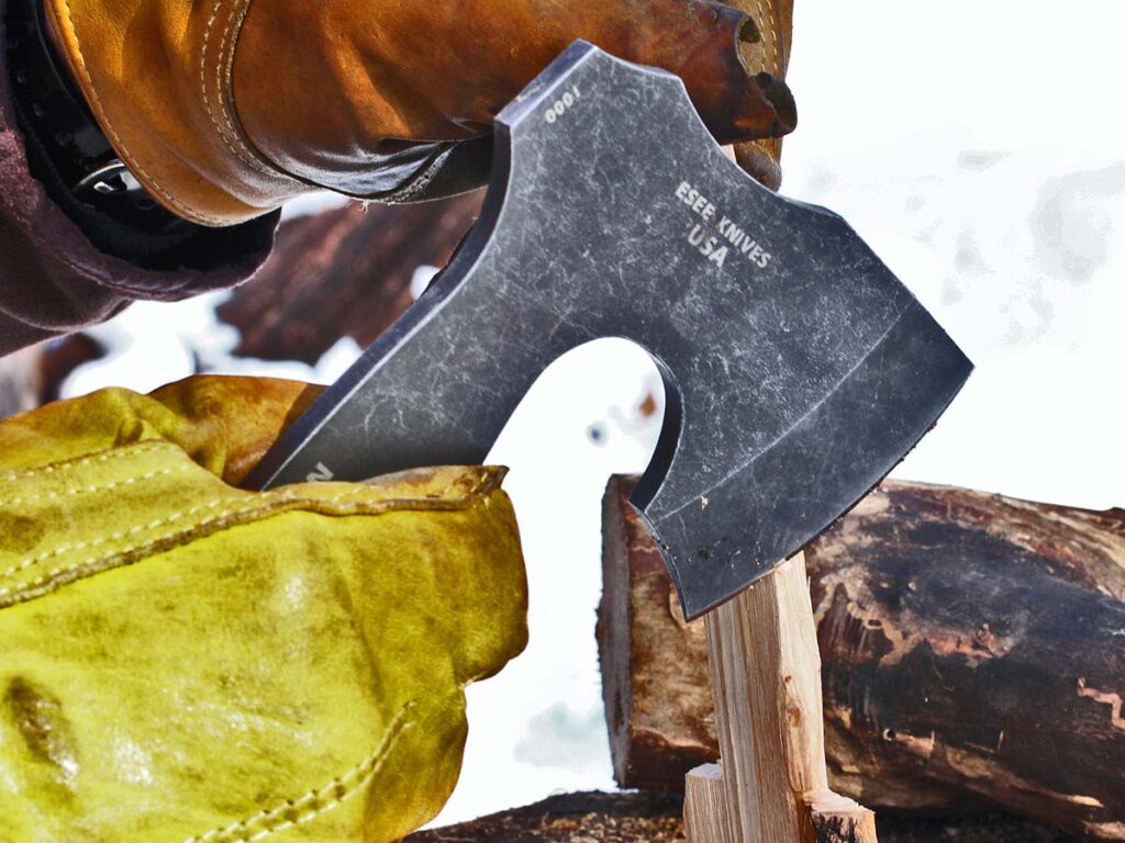 Reuben Bolieu wears cowhide gloves—nothing fancy—while chopping with his ESEE Gibson Carving Axe. As he noted, “These gloves are excellent general-purpose gloves when handling wood, bamboo, hot cookware and dirty work.” (Bolieu image)