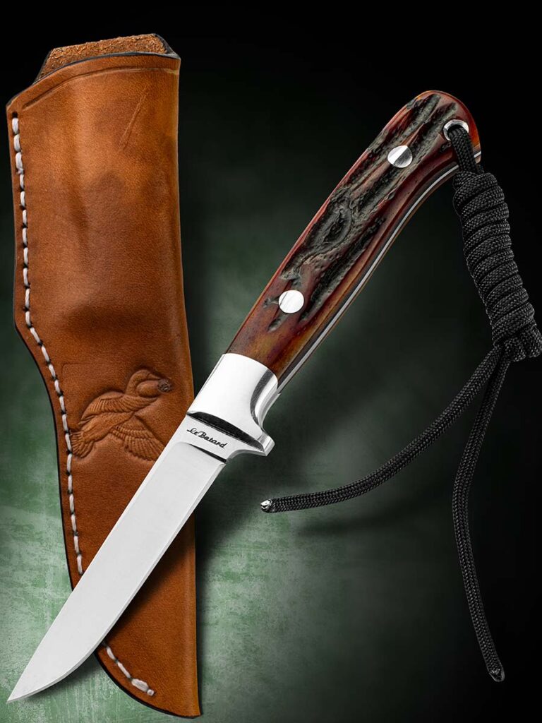 Field and Stream by newly elected Knifemakers’ Guild board member Paul LeBatard boasts a 3.5-inch blade of CPM 154 stainless and jigged bone scales.  Overall length: 7.75 inches. Blade grind: hollow. Edge thickness: .020 inch. His price for a similar knife: $400. (Jocelyn Frasier image)