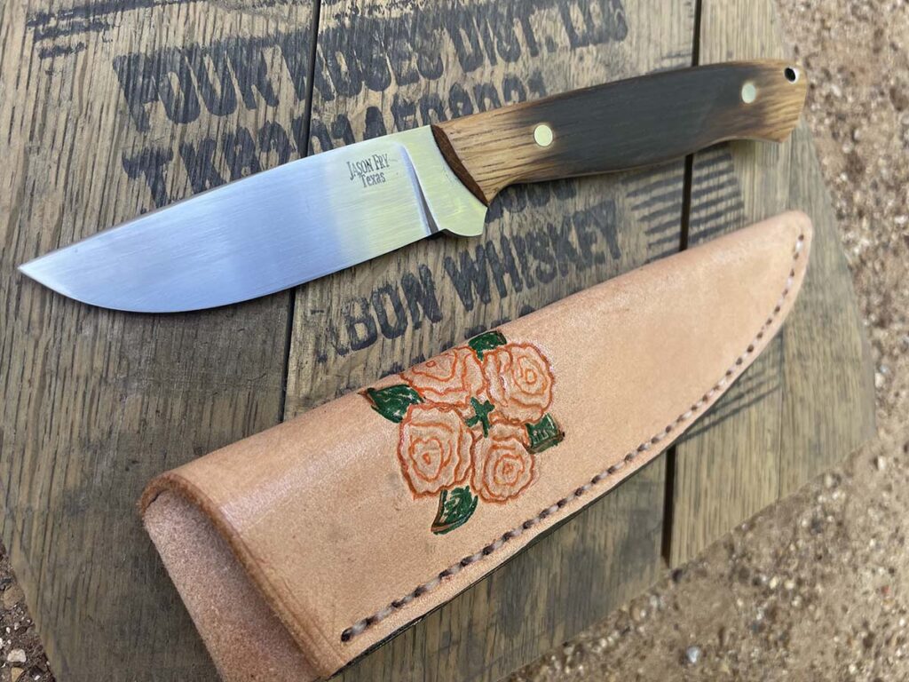 The author’s Four Roses sports a 3-inch blade of Nitro V stainless and scales from a Four Roses whiskey barrel. Construction: tapered tang. Overall length: 7.75 inches. Blade grind: flat. Edge thickness: .020. His price for a similar knife: $350. 