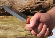 The Saker bushcraft knife by the author’s Diving Sparrow Knife Works in hand. As he writes, “Man is a tool-using animal. Without tools, he is nothing—with tools he is all.” (Thomas Carlyle image)