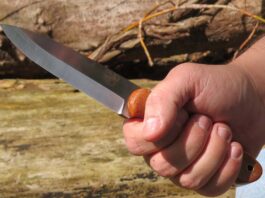 The Saker bushcraft knife by the author’s Diving Sparrow Knife Works in hand. As he writes, “Man is a tool-using animal. Without tools, he is nothing—with tools he is all.” (Thomas Carlyle image)