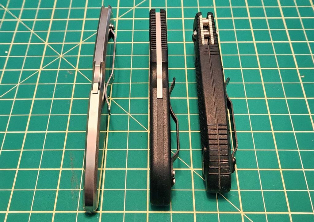 The trim profile of the Spyderco Police (left) allows manipulation for draw cuts, point use and especially lateral force. The Spyderco Endura (center) is a good midway thickness for an EDC. The Benchmade Griptilian (right) has a thicker handle and, like the Endura, scale texture. When using the Griptilian you will find lateral rolling in your hand a bit smoother because of the handle’s fullness.