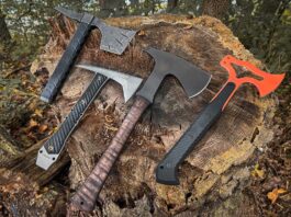 Take a deep dive with some top tomahawks, from left: SOG War Fighter, RMJ Tactical Dvalinn, Winkler Knives Ridge Line and Hogue Knives EX-T01.