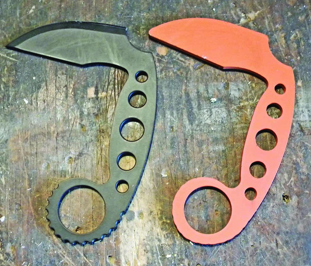 Hawk Creek Blade provides a non-sharpened, coated mild steel trainer blade (right) to practice your twirls and swirls without cutting yourself. It’s a very good addition to the overall package.