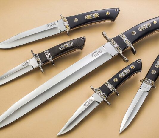 When it comes to sub-hilt fighters, BLADE Magazine Cutlery Hall-of-Fame® member Bob Loveless (page 68) is the standard bearer. The Spade Series includes two of his smaller sub-hilt fighters flanking his Big Bear sub-hilt, along with two other Loveless classics, all in engraving by the incomparable Julie Warenski. (SharpByCoop knife image)