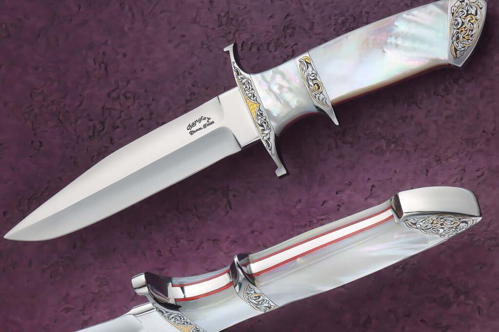 Custom maker Gary Langley’s sub-hilt fighter may be small at 9 inches overall but makes up for its size in sleek blade grinds, exquisite mother-of-pearl scales and gold inlay. Blade and overall lengths: 4.5 and 9 inches. Alice Carter did the engraving. (SharpByCoop knife image)