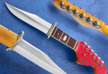 If you place the DeFender’s blade tip on a wood table, hold the handle up and strum the guitar strings, the reverberation reportedly will go down through the blade into the table and amplify the sound somewhat. “I haven’t tried it yet because I’m afraid I’ll bend the tip,” Larry Hirsch said. “Besides, I have no musical ability and whatever I strum is going to sound terrible.” Blade and overall lengths: 8.25 and 21 inches. (SharpByCoop image)