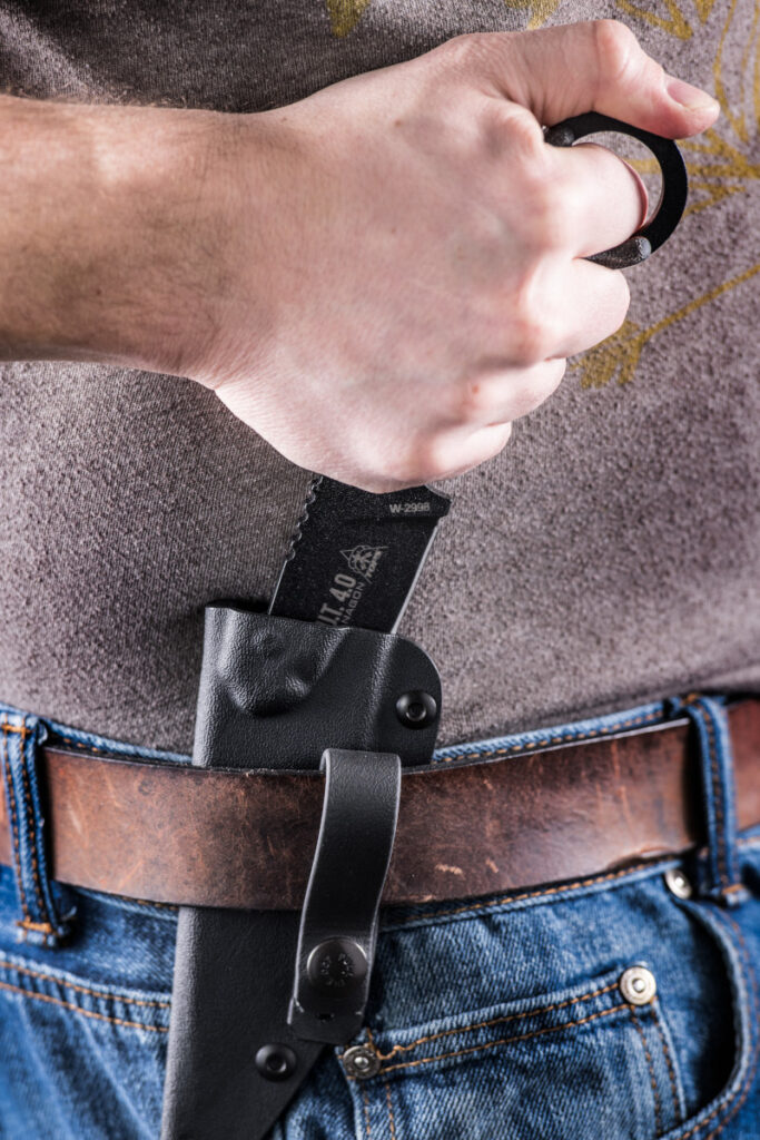 Designed by Joshua Swanagon, the TOPS Knives C.U.T. 4.0 is a hybrid karambit that combines the practicality of a utility knife with the defensive and combat features of a standard karambit. Its ringed handle is common to the pattern’s lineage while the utility drop-point blade is more of a traditional design element.