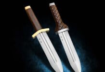 Jesse Hu (inset) is a fan of Vinland Saga anime, but was convinced to tackle the series’ most famous blades—Thorfinn’s daggers—at the insistence of his fans. The project was challenging, almost every instance of the blades in the series differed in some minute, but important detail. (Jocelyn Frasier image)