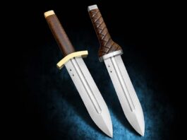 Jesse Hu (inset) is a fan of Vinland Saga anime, but was convinced to tackle the series’ most famous blades—Thorfinn’s daggers—at the insistence of his fans. The project was challenging, almost every instance of the blades in the series differed in some minute, but important detail. (Jocelyn Frasier image)