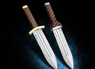 Jesse Hu (inset) is a fan of Vinland Saga anime, but was convinced to tackle the series’ most famous blades—Thorfinn’s daggers—at the insistence of his fans. The project was challenging, almost every instance of the blades in the series differed in some minute, but important detail. (Jocelyn Frasier image)