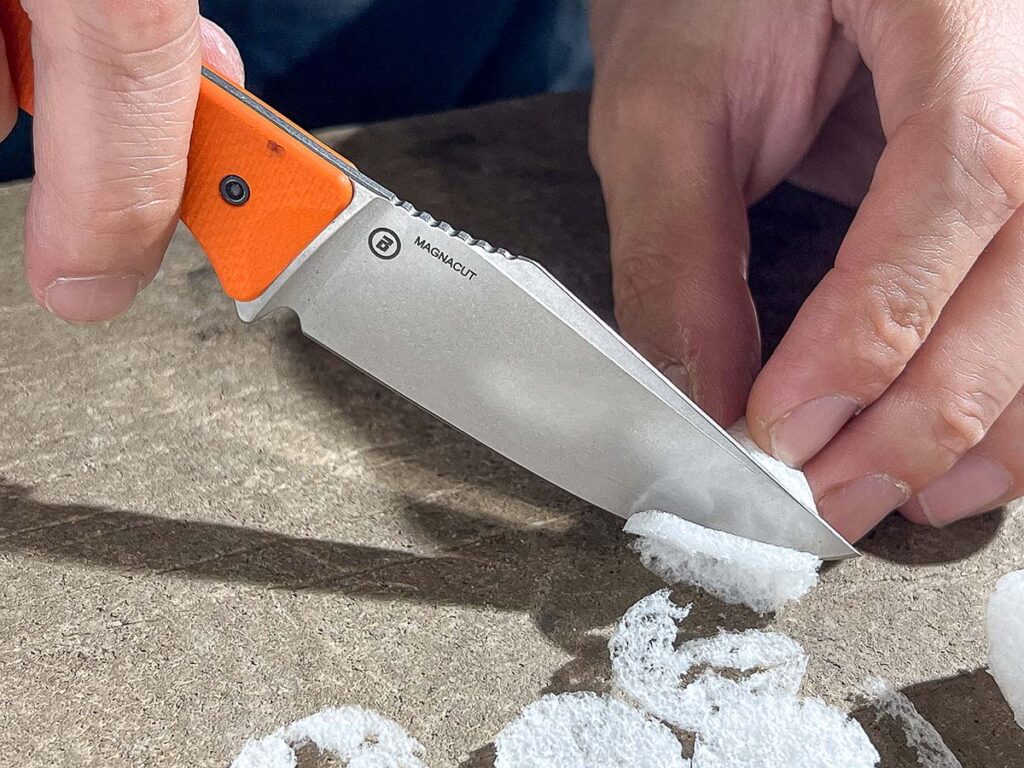 The Hogue Extrak might be a lightweight and thin fixed blade but don’t let that fool you. Cutting performance wise, this knife punches above its class. The thin blade cuts like a scalpel. 
