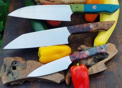 Mike Jeffries of 2Birds Metalworks sells his set of three custom kitchen knives for $900 a set.