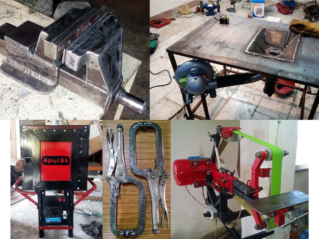 A look at Masoud's tools he made in his early journey into knifemaking, including (top from the left) a bench vise, coal forge, (below going clockwise) belt grinder, clamps and a heat-treating oven.