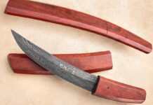 ABS journeyman smith Mardi Meshejian gives the Japanese look a damascus and smooth polished wood treatment with his curvaceous fixed blade and saya (scabbard). Note the seamless fit of knife and saya.