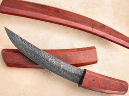 ABS journeyman smith Mardi Meshejian gives the Japanese look a damascus and smooth polished wood treatment with his curvaceous fixed blade and saya (scabbard). Note the seamless fit of knife and saya.