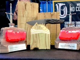 Thanks to its innovation and performance, the TiNy won both Imported Fixed Blade Knife of the Year and Knife of the year honors. It’s also stuck into some of its handy work, as the guys from UG Tools hacked through fence posts to demonstrate the knife’s resilience.