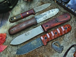 Four woods-worthy Kephart repros, from top: Bear Forest Forest Knives GT-3, ML Knives Kephart, KA-BAR/Becker BK62 and ESEE PR4.