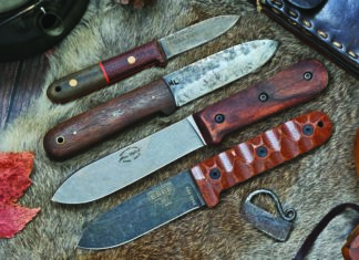 Four woods-worthy Kephart repros, from top: Bear Forest Forest Knives GT-3, ML Knives Kephart, KA-BAR/Becker BK62 and ESEE PR4.