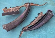 The Cu Mai Dragon not only catches the eye thanks to the copper Mai damascus used for the blade, but the dragon-scale styling along the spine of the razor. The dragon motif has cropped up in several of Stuart Kerr’s creations.